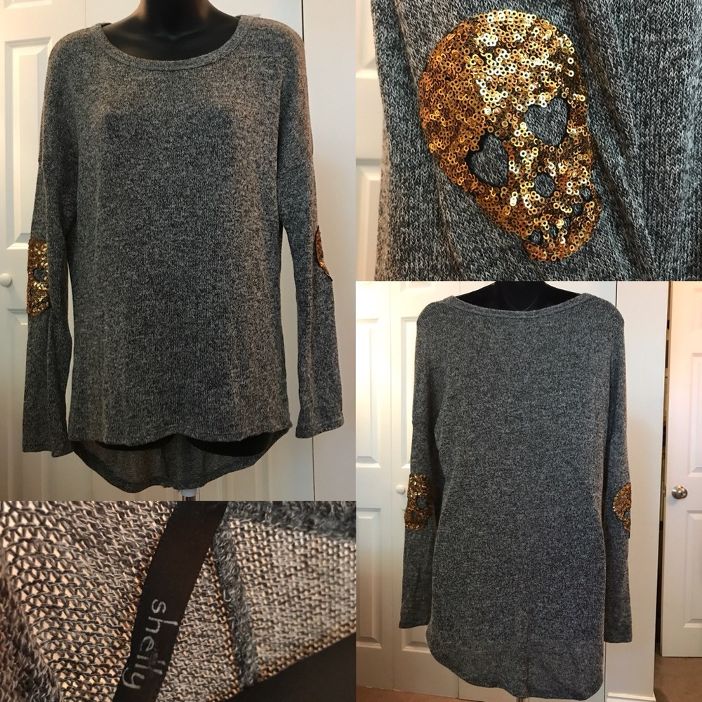 Gray Sweater with Gold Sequin Skull